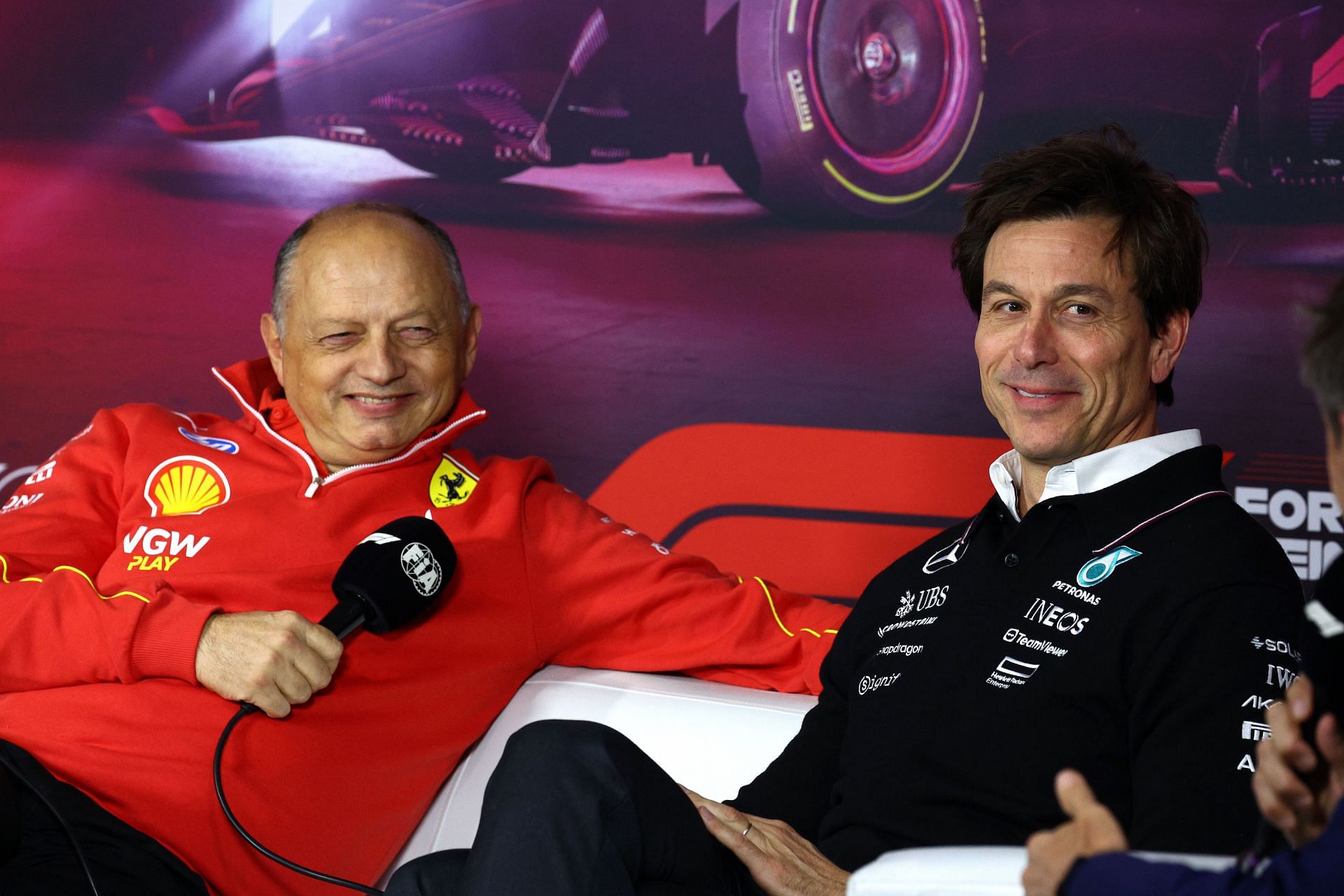 Frederic Vasseur and Toto Wolff attend the Team Principals Press Conference at the F1 Grand Prix of Las Vegas - Source: Getty